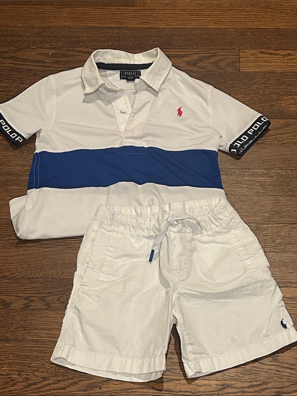 Polo Ralph Lauren Bundle - White Polo with Blue Stripe & White Shorts - Kids